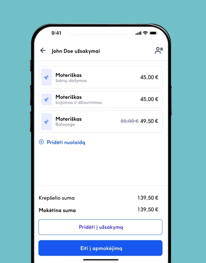 Naujasis Treatwell Connect atsiskaitymo krepšelis su paslaugomis ir mokėtina suma
